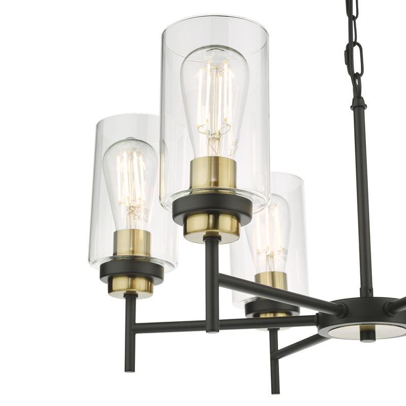 Dar Lighting Abel 6 Light Pendant Satin Black & Gold with Glass Shades • ABE0654