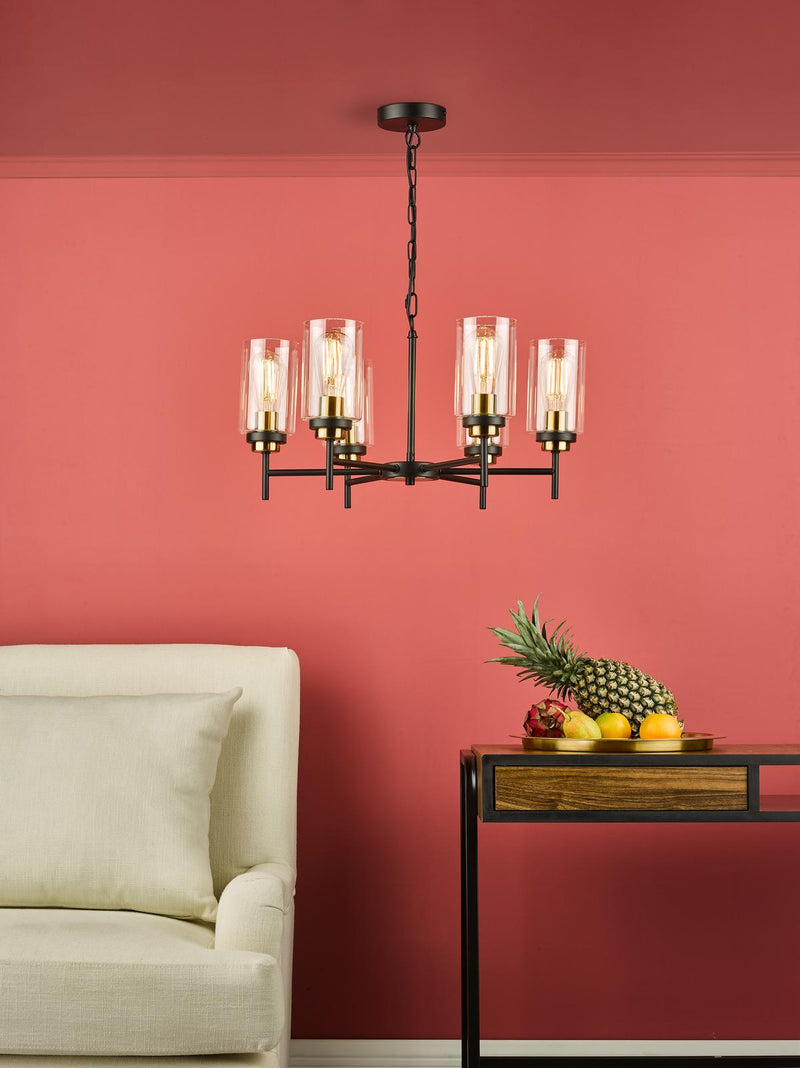 Dar Lighting Abel 6 Light Pendant Satin Black & Gold with Glass Shades • ABE0654