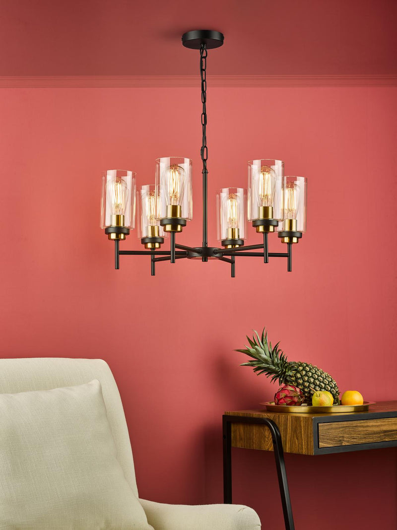 Dar Lighting Abel 6 Light Pendant Satin Black & Gold with Glass Shades • ABE0654