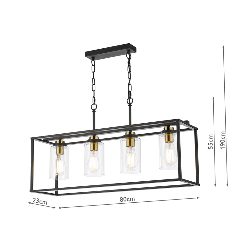 Dar Lighting Abel 4 Light Bar Pendant Satin Black and Glass • ABE8454