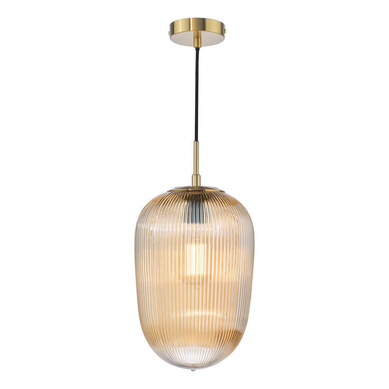 Dar Lighting Abrielle Pendant Brushed Bronze and Amber Ribbed Glass • ABR0106