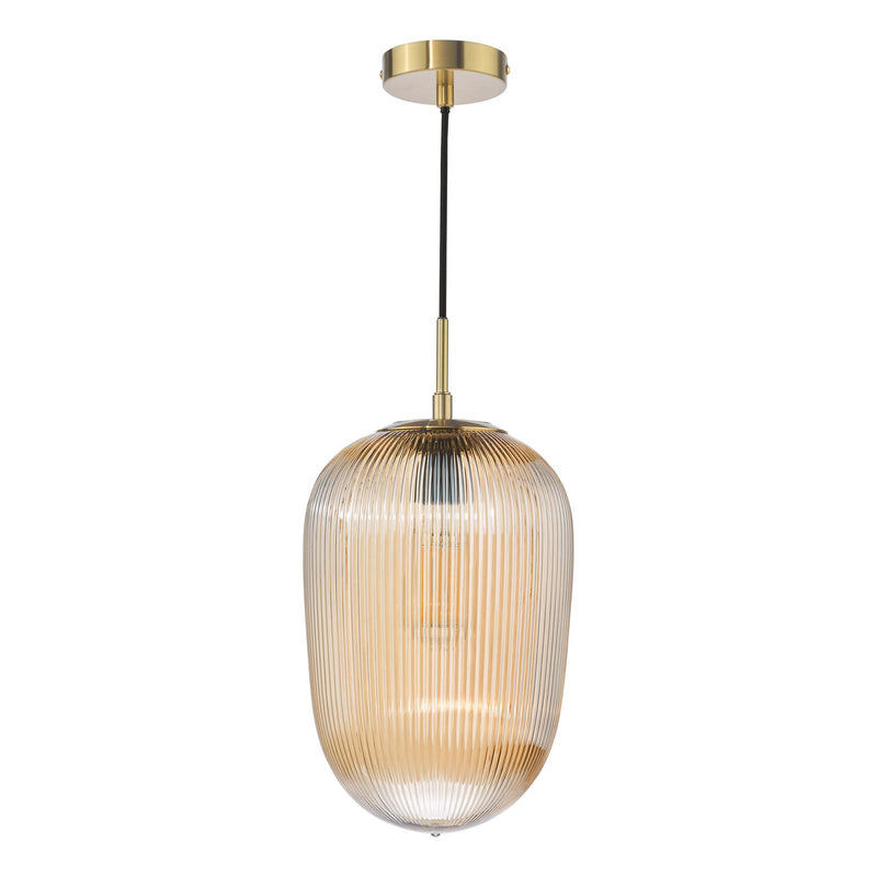 Dar Lighting Abrielle Pendant Brushed Bronze and Amber Ribbed Glass • ABR0106