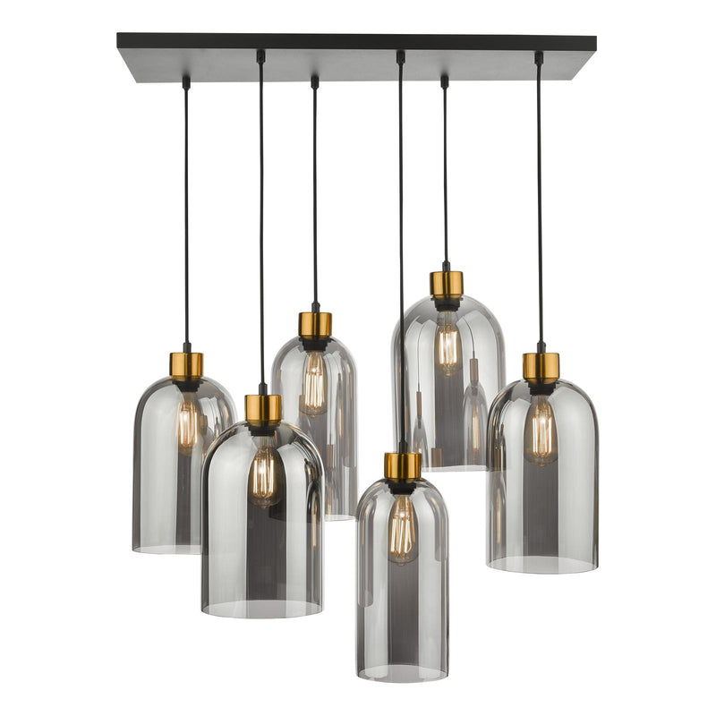 Dar Lighting Alma 6 Light Bar Pendant Matt Black & Brass with Smoked Glass • ALM6422