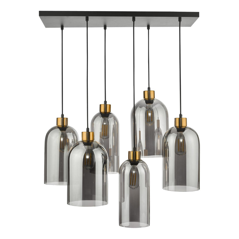 Dar Lighting Alma 6 Light Bar Pendant Matt Black & Brass with Smoked Glass • ALM6422