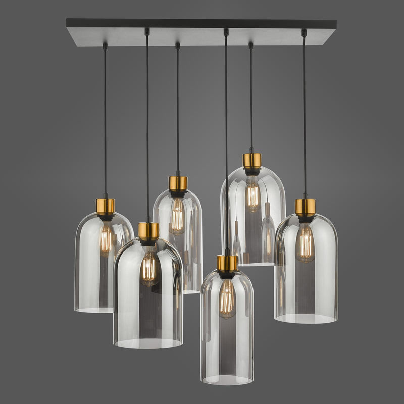 Dar Lighting Alma 6 Light Bar Pendant Matt Black & Brass with Smoked Glass • ALM6422