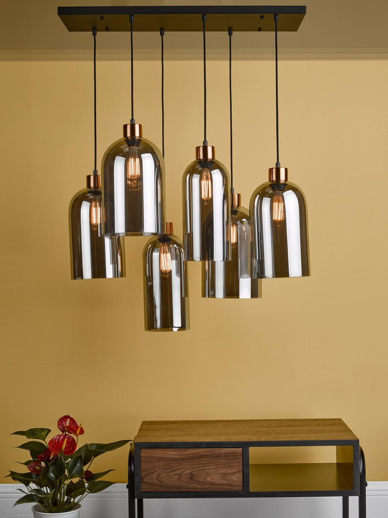 Dar Lighting Alma 6 Light Bar Pendant Matt Black & Brass with Smoked Glass • ALM6422