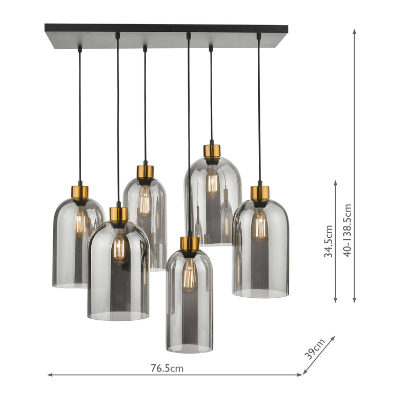 Dar Lighting Alma 6 Light Bar Pendant Matt Black & Brass with Smoked Glass • ALM6422