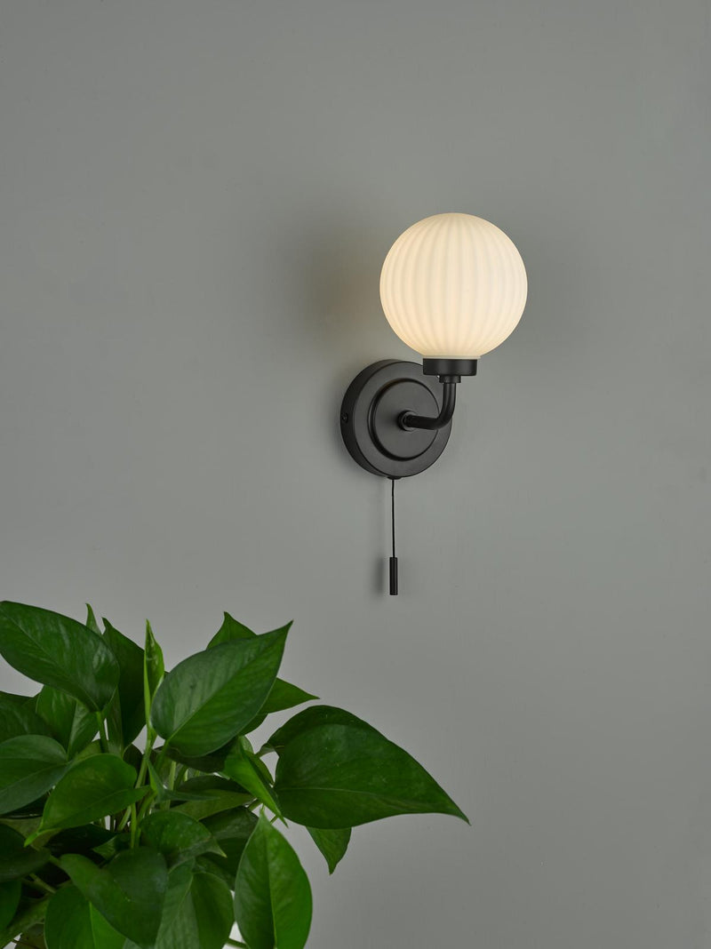 Dar Lighting Alrik Bathroom Wall Light Matt Black Opal Glass IP44 • ALR0722