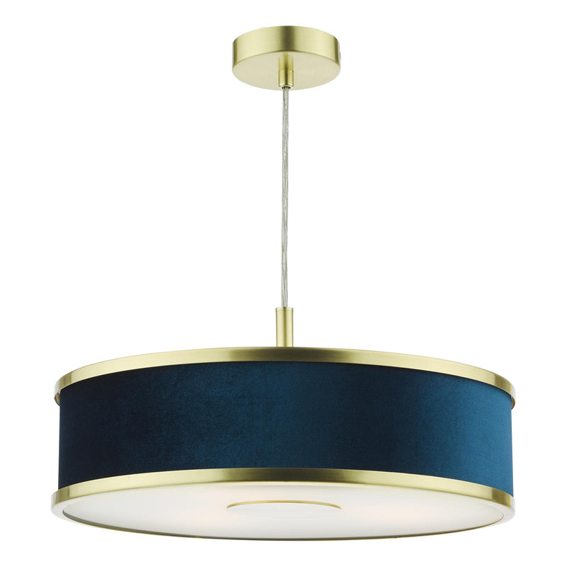Dar Lighting Alvaro 3 Light Pendant Brushed Brass and Blue With Shade • ALV1023