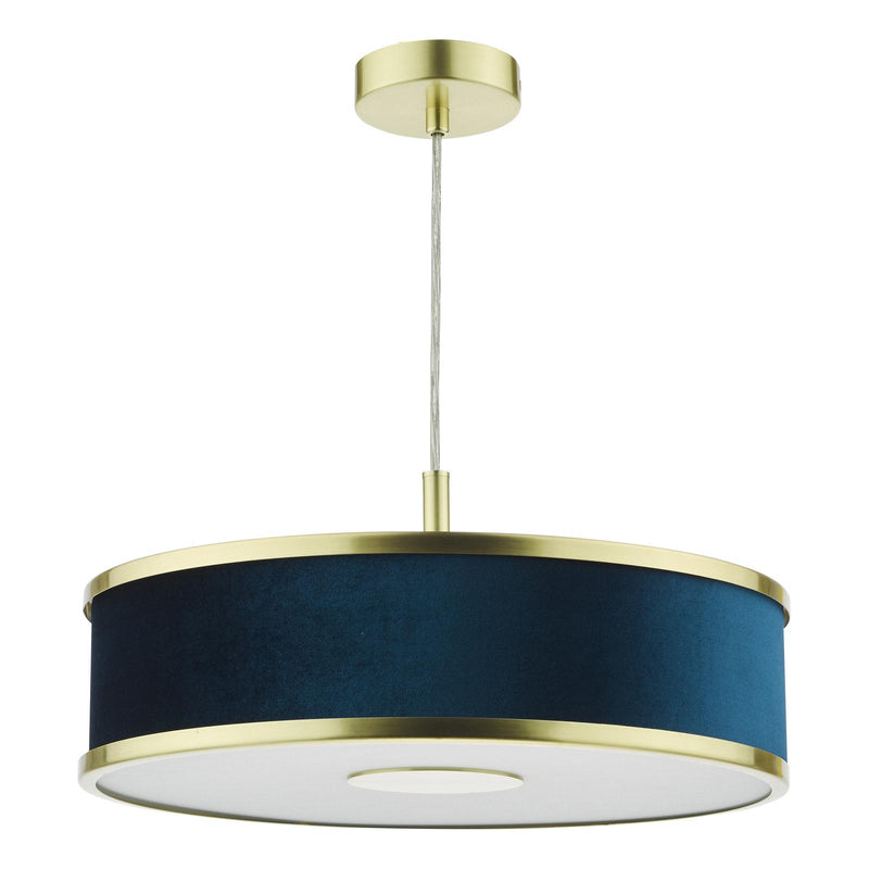 Dar Lighting Alvaro 3 Light Pendant Brushed Brass and Blue With Shade • ALV1023