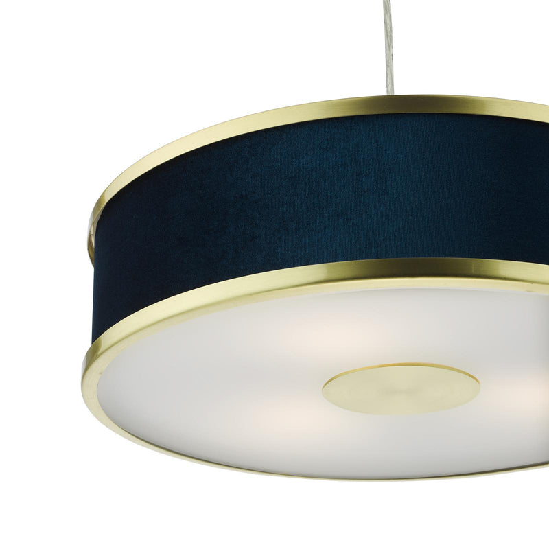 Dar Lighting Alvaro 3 Light Pendant Brushed Brass and Blue With Shade • ALV1023