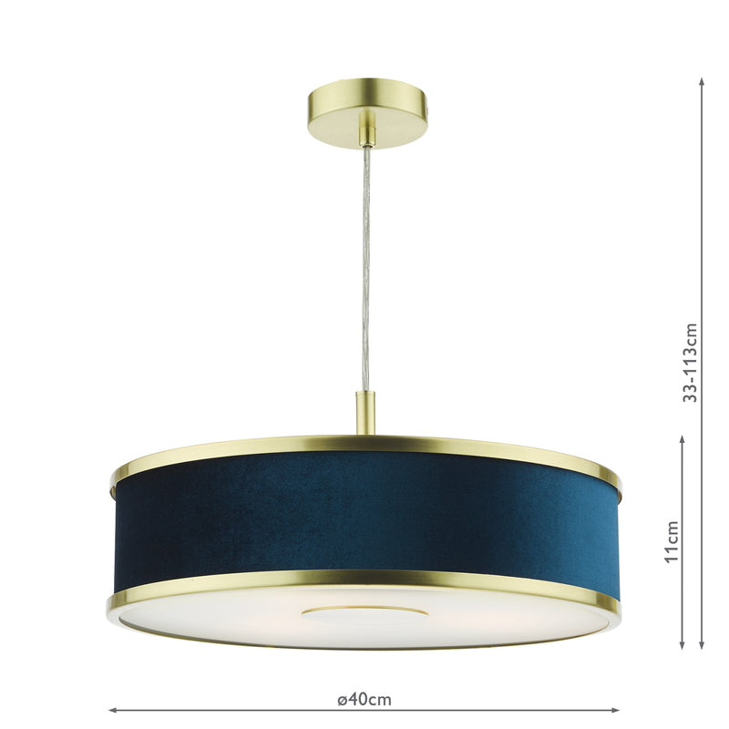 Dar Lighting Alvaro 3 Light Pendant Brushed Brass and Blue With Shade • ALV1023