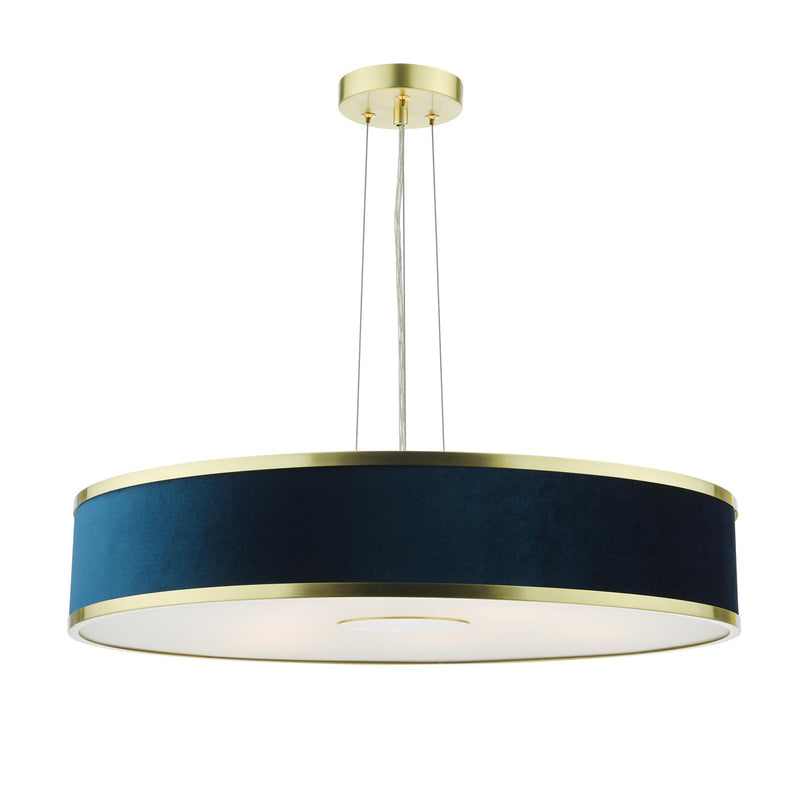 Dar Lighting Alvaro 6 Light Pendant Brushed Brass and Blue With Shade • ALV1723
