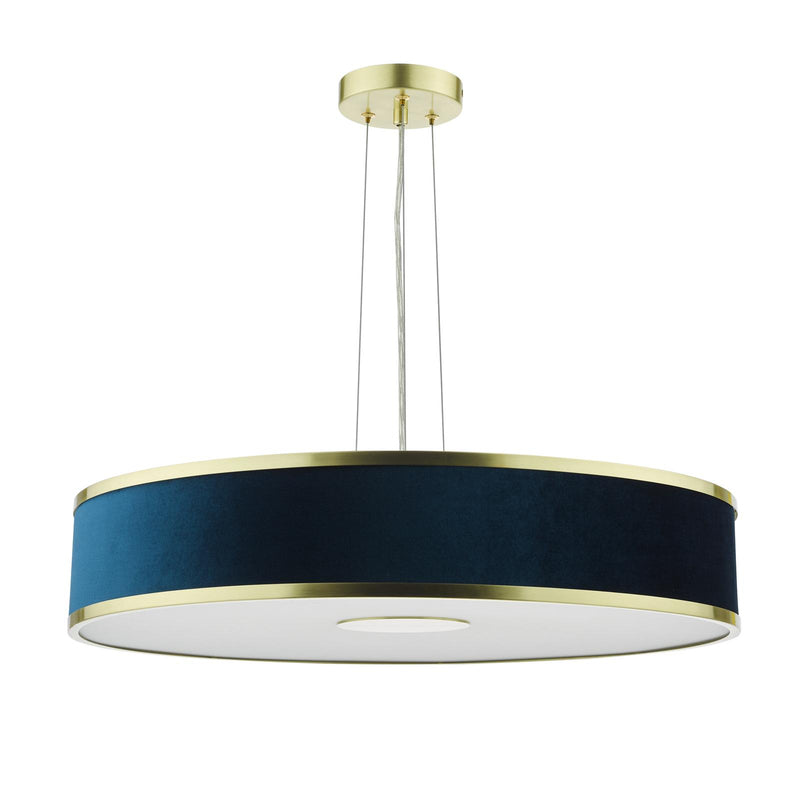 Dar Lighting Alvaro 6 Light Pendant Brushed Brass and Blue With Shade • ALV1723