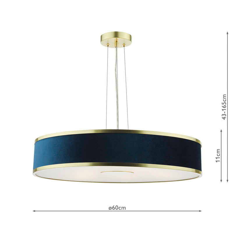 Dar Lighting Alvaro 6 Light Pendant Brushed Brass and Blue With Shade • ALV1723