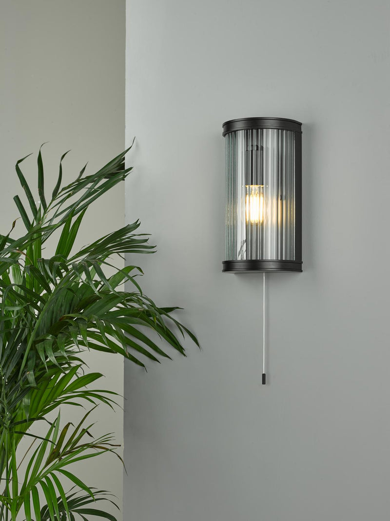 Dar Lighting Anund Bathroom Wall Light Matt Black Ribbed Glass IP44 • ANU0722