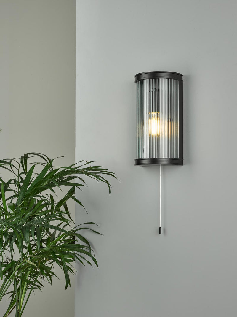 Dar Lighting Anund Bathroom Wall Light Matt Black Ribbed Glass IP44 • ANU0722