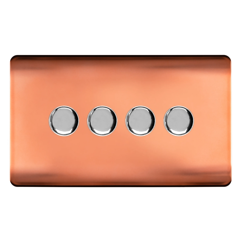Trendi, Artistic Modern 4 Gang 2 Way LED Dimmer Switch 5-150W LED / 120W Tungsten Per Dimmer, Copper Finish, (35mm Back Box Required) 5yrs Warranty • ART-4LDMCPR