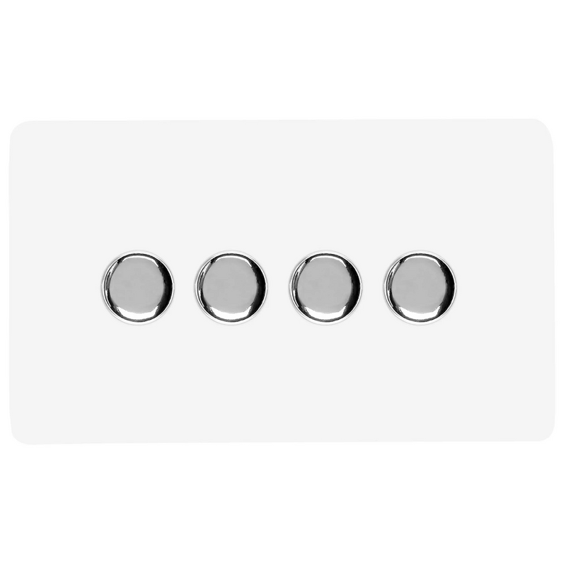 Trendi, Artistic Modern 4 Gang 2 Way LED Dimmer Switch 5-150W LED / 120W Tungsten Per Dimmer, Ice White Finish, (35mm Back Box Required) 5yrs Warranty • ART-4LDMWH