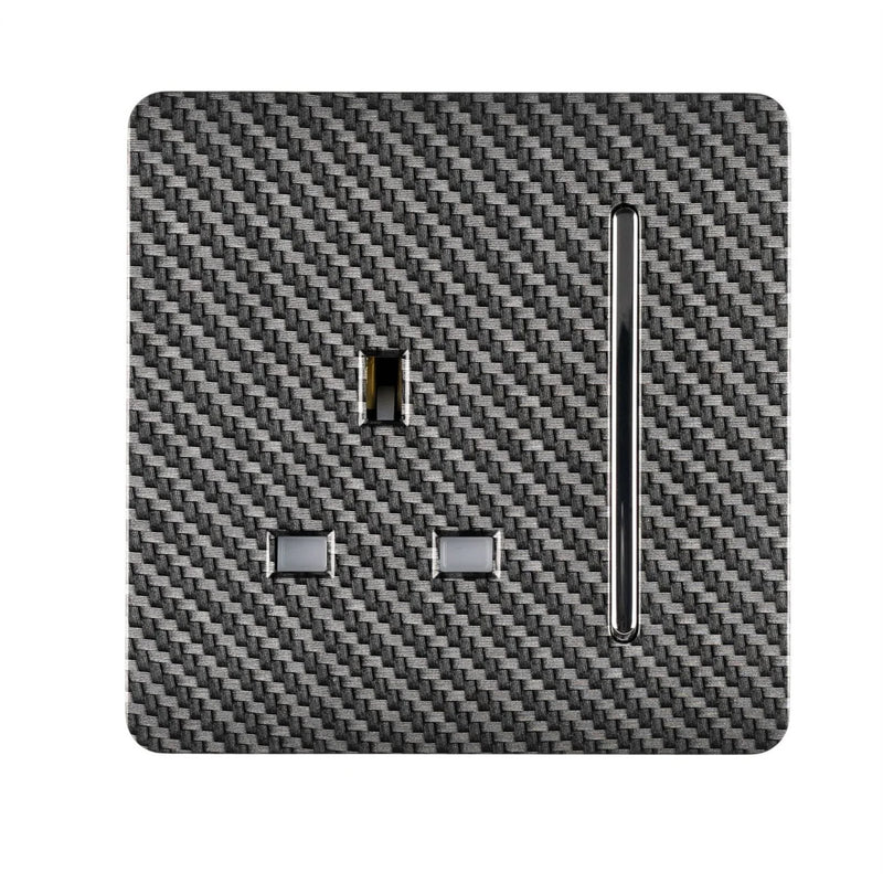 Trendi, Artistic Modern 1 Gang 13Amp Switched Socket Carbon Fibre Finish, BRITISH MADE, (25mm Back Box Required), 10yrs Warranty • ART-SKT13CF