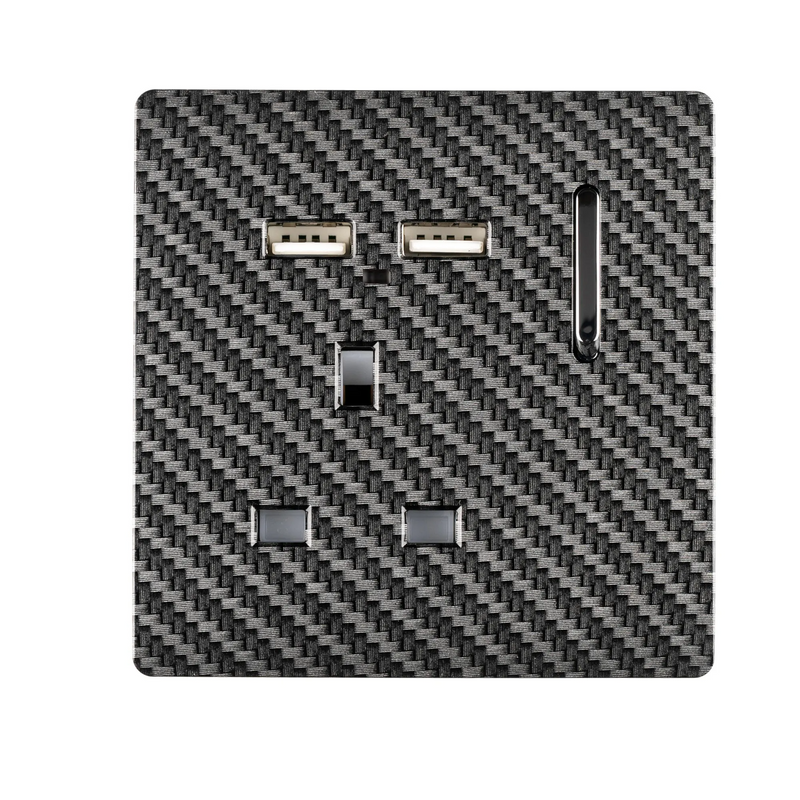 Trendi, Artistic Modern 1 Gang 13Amp Switched Socket WIth 2 x USB Ports Carbon Fibre Finish, BRITISH MADE, (35mm Back Box Required), 5yrs Warranty • ART-SKT13USBCF