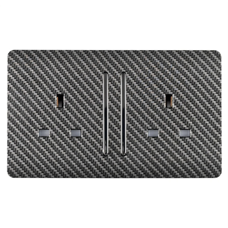 Trendi, Artistic Modern 2 Gang 13Amp Long Switched Double Socket Carbon Fibre Finish, BRITISH MADE, (25mm Back Box Required), 10yrs Warranty • ART-SKT213LCF