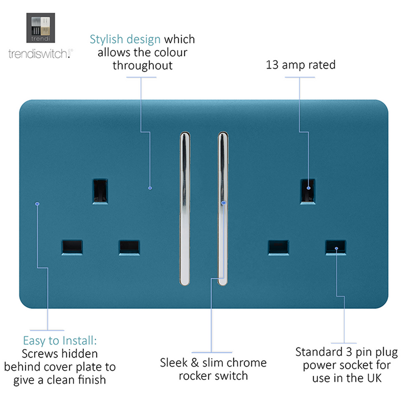 Trendi, Artistic Modern 2 Gang 13Amp Long Switched Double Socket Ocean Blue Finish, BRITISH MADE, (25mm Back Box Required), 5yrs Warranty • ART-SKT213LOB