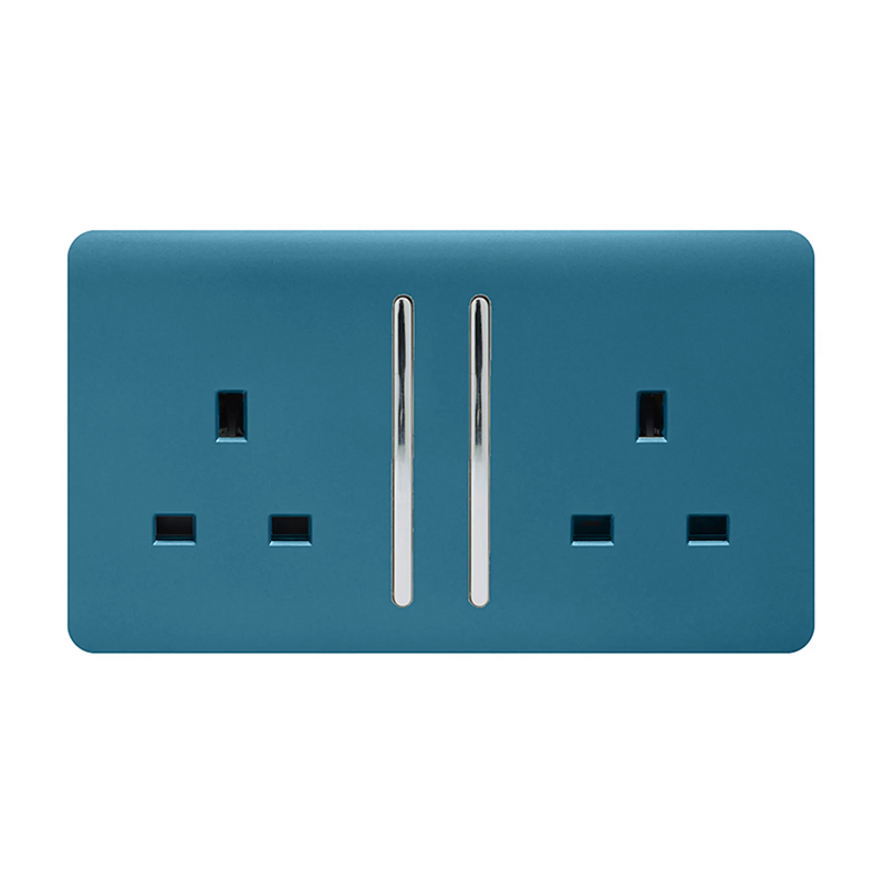 Trendi, Artistic Modern 2 Gang 13Amp Long Switched Double Socket Ocean Blue Finish, BRITISH MADE, (25mm Back Box Required), 5yrs Warranty • ART-SKT213LOB