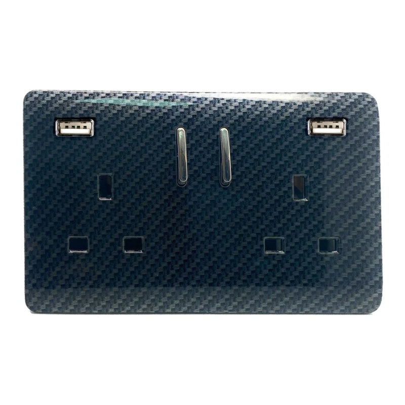 Trendi, Artistic Modern 2 Gang USB 2x3.1mAH Plug Socket Carbon Fibre Finish, BRITISH MADE, (35mm Back Box Required), 5yrs Warranty • ART-SKT213USB31AACF