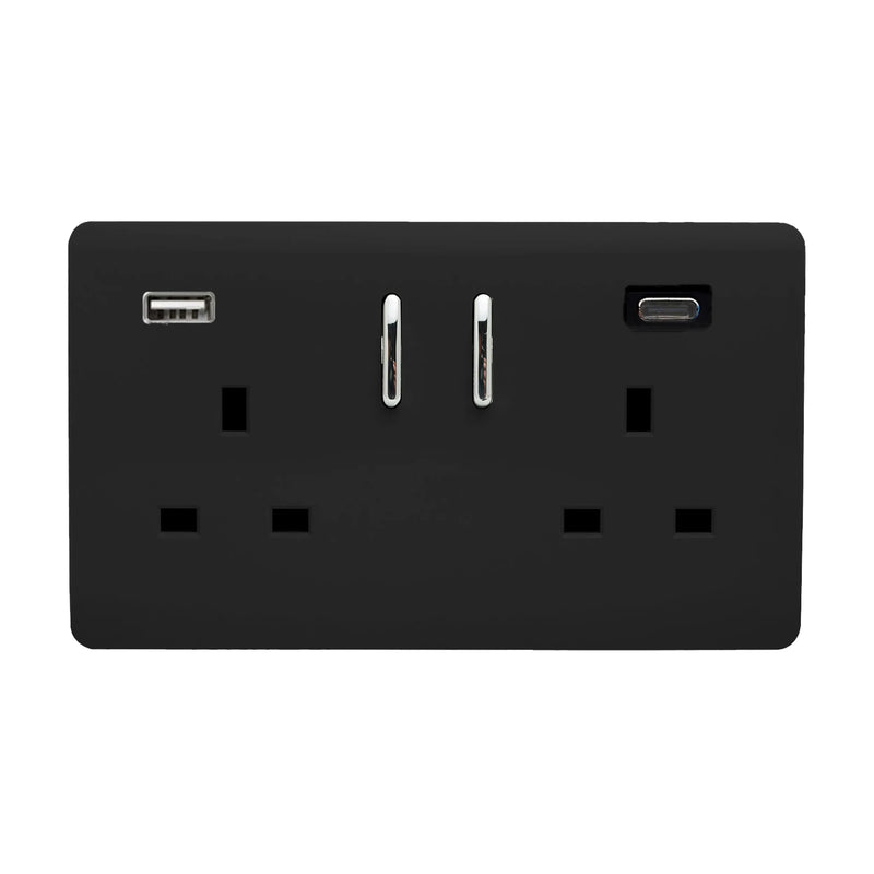 Trendi, Artistic Modern 2 Gang Switched Double Socket 13A With 1 x USB-A & 1 x USB-C 45W Piano Black Finish, BRITISH MADE • ART-SKT213USB45WACBK