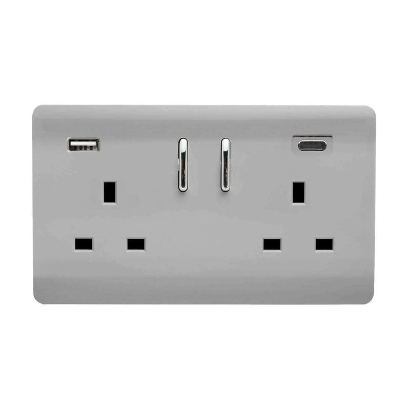 Trendi, Artistic Modern 2 Gang Switched Double Socket 13A With 1 x USB-A & 1 x USB-C 45W Brushed Steel Finish, BRITISH MADE • ART-SKT213USB45WACBS
