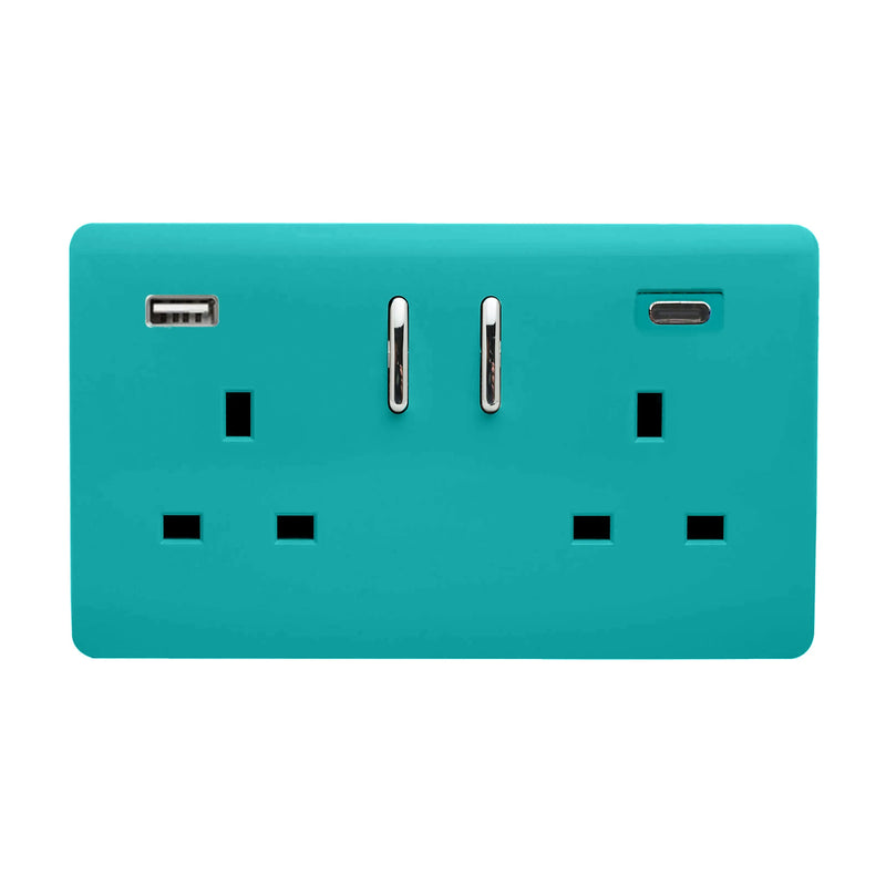 Trendi, Artistic Modern 2 Gang Switched Double Socket 13A With 1 x USB-A & 1 x USB-C 45W Bright Teal Finish, BRITISH MADE • ART-SKT213USB45WACBT
