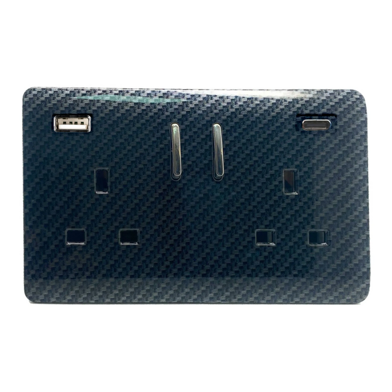 Trendi, Artistic Modern 2 Gang USB 1 x Type A & 1 x Type C 3.1mAh Plug Socket Carbon Fibre Finish, BRITISH MADE • ART-SKT213USB31ACCF