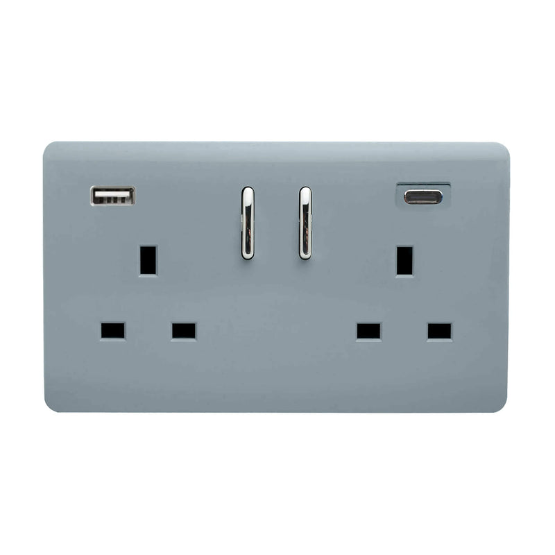 Trendi, Artistic Modern 2 Gang Switched Double Socket 13A With 1 x USB-A & 1 x USB-C 45W Cool Grey Finish, BRITISH MADE • ART-SKT213USB45WACCG