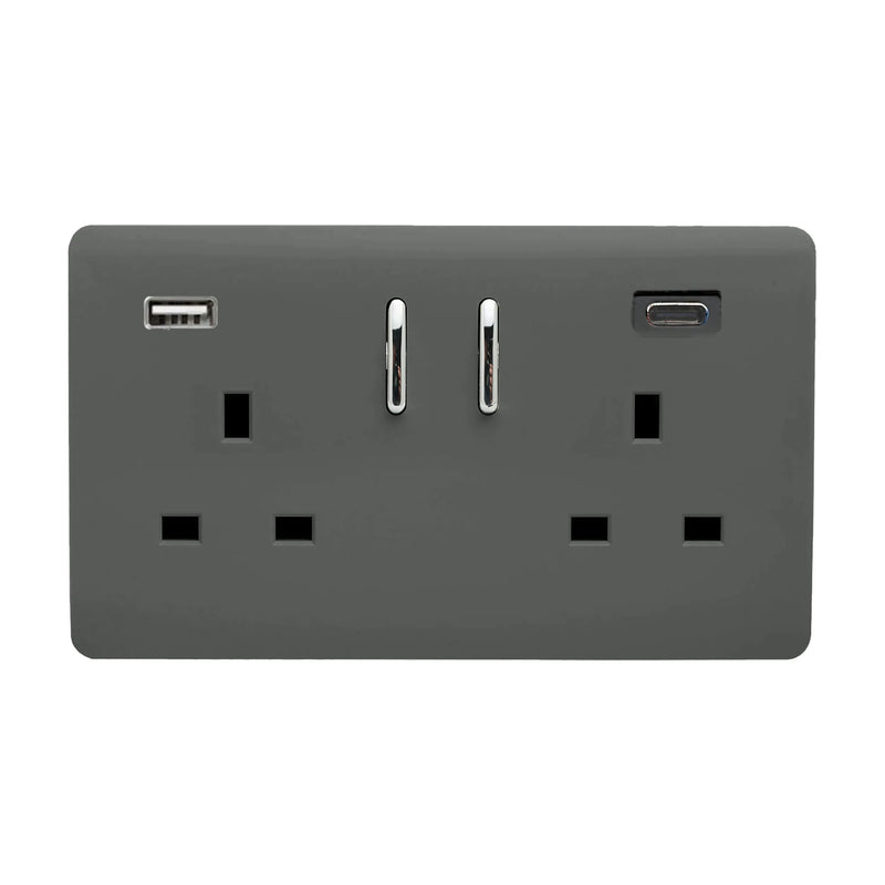 Trendi, Artistic Modern 2 Gang Switched Double Socket 13A With 1 x USB-A & 1 x USB-C 45W Charcoal Finish, BRITISH MADE • ART-SKT213USB45WACCH