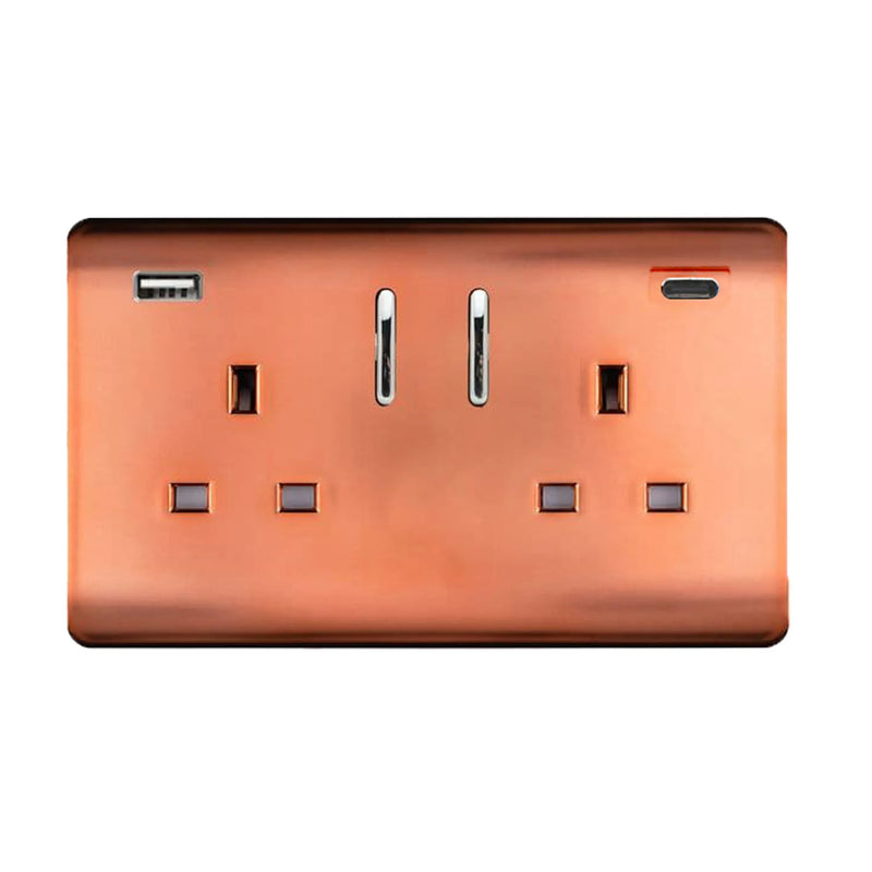Trendi, Artistic Modern 2 Gang Switched Double Socket 13A With 1 x USB-A & 1 x USB-C 45W Copper Finish, BRITISH MADE • ART-SKT213USB45WACCPR