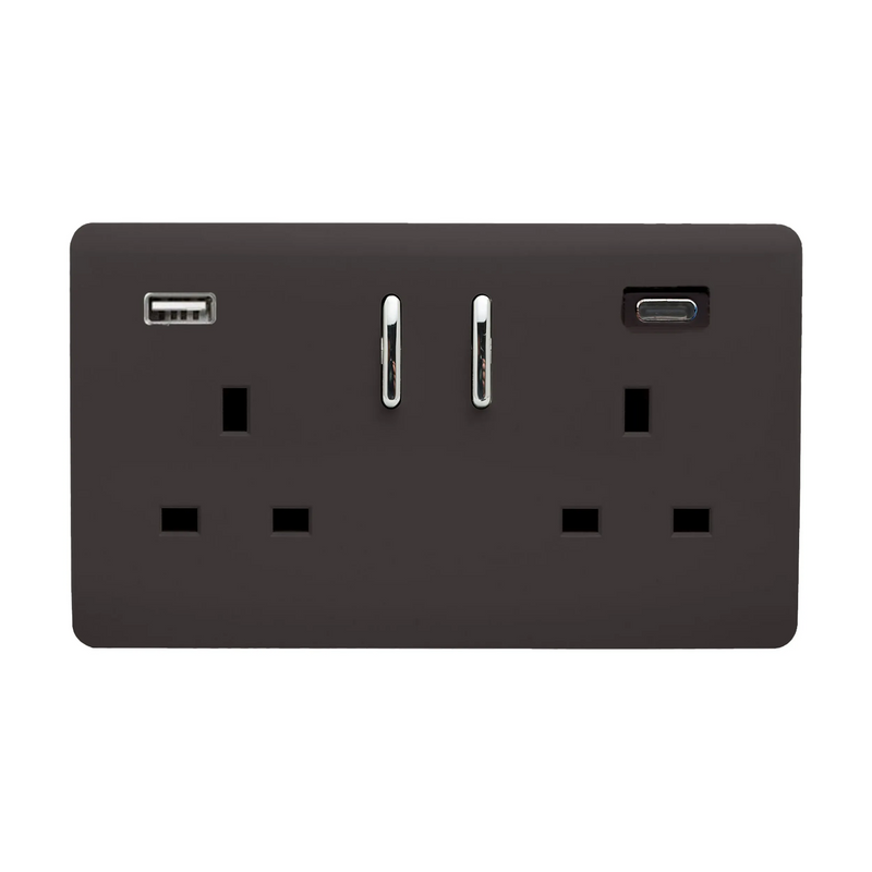 Trendi, Artistic Modern 2 Gang USB 1 x Type A & 1 x Type C 3.1mAh Plug Socket Dark Brown Finish, BRITISH MADE • ART-SKT213USB31ACDB