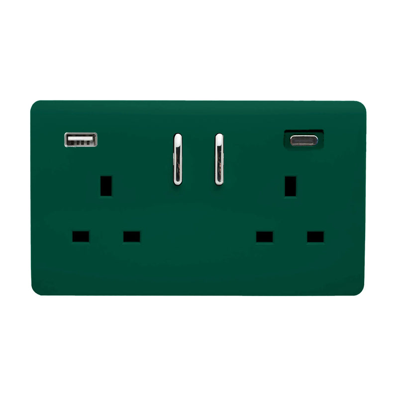 Trendi, Artistic Modern 2 Gang Switched Double Socket 13A With 1 x USB-A & 1 x USB-C 45W Dark Green Finish, BRITISH MADE • ART-SKT213USB45WACDG