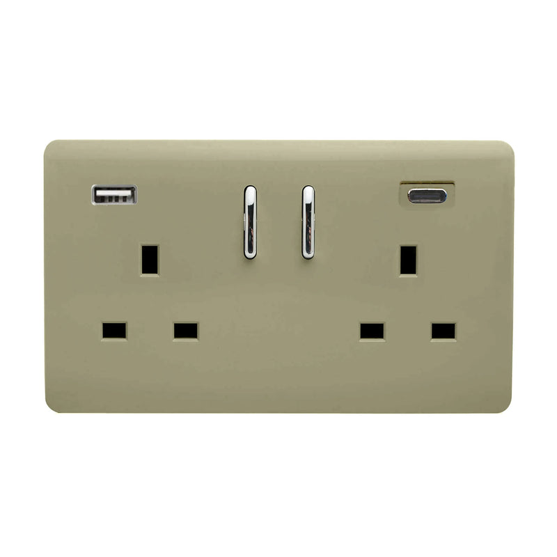 Trendi, Artistic Modern 2 Gang Switched Double Socket 13A With 1 x USB-A & 1 x USB-C 45W Champagne Gold Finish, BRITISH MADE • ART-SKT213USB45WACGO