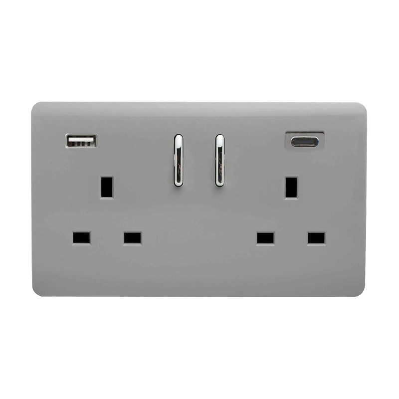 Trendi, Artistic Modern 2 Gang Switched Double Socket 13A With 1 x USB-A & 1 x USB-C 45W Light Grey Finish, BRITISH MADE • ART-SKT213USB45WACLG