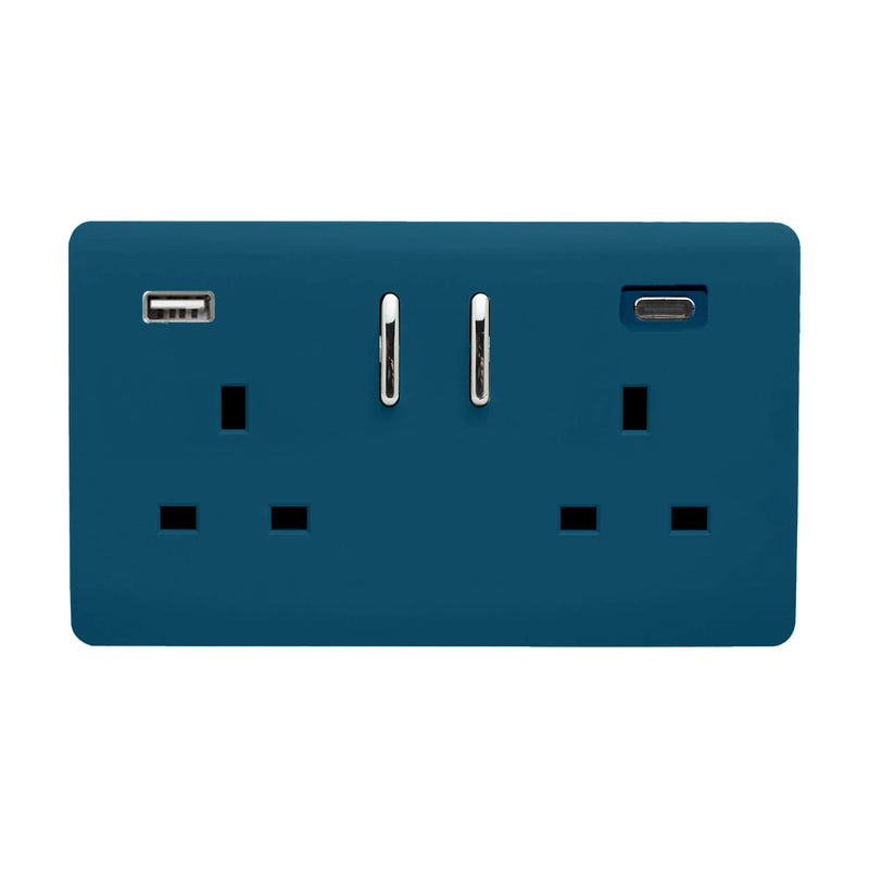 Trendi, Artistic Modern 2 Gang Switched Double Socket 13A With 1 x USB-A & 1 x USB-C 45W Midnight Blue Finish, BRITISH MADE • ART-SKT213USB45WACMD