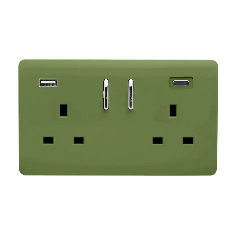 Trendi, Artistic Modern 2 Gang Switched Double Socket 13A With 1 x USB-A & 1 x USB-C 45W Dark Brown Finish, BRITISH MADE • ART-SKT213USB45WACMG
