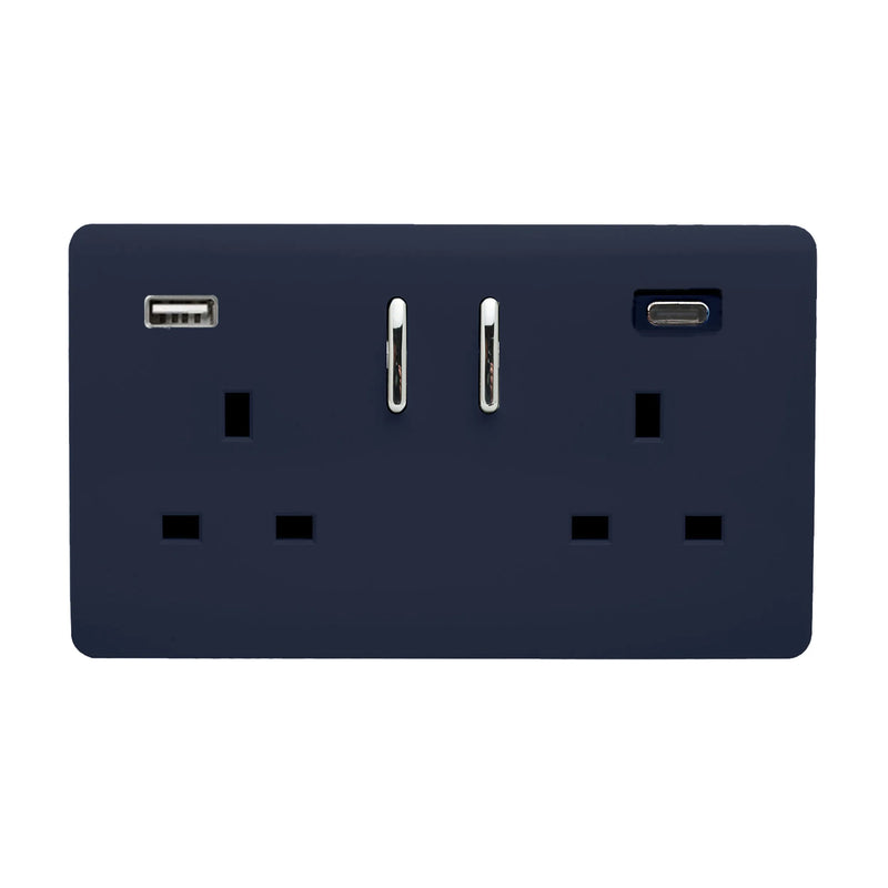 Trendi, Artistic Modern 2 Gang Switched Double Socket 13A With 1 x USB-A & 1 x USB-C 45W Navy Blue Finish, BRITISH MADE • ART-SKT213USB45WACNV
