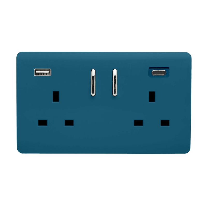 Trendi, Artistic Modern 2 Gang USB 1 x Type A & 1 x Type C 3.1mAh Plug Socket Ocean Blue Finish, BRITISH MADE • ART-SKT213USB31ACOB