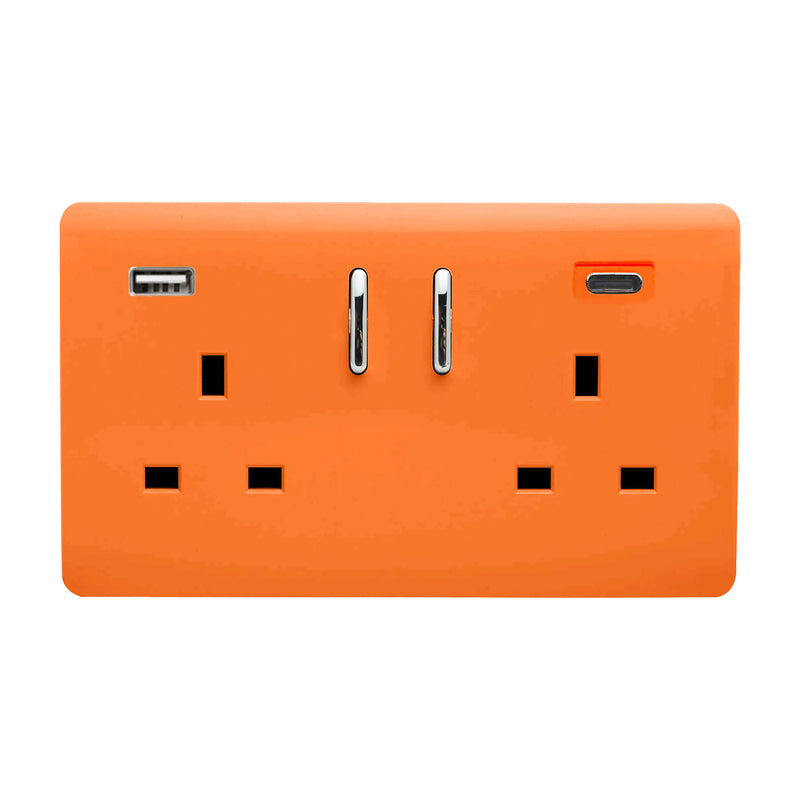 Trendi, Artistic Modern 2 Gang Switched Double Socket 13A With 1 x USB-A & 1 x USB-C 45W Orange Finish, BRITISH MADE • ART-SKT213USB45WACOR