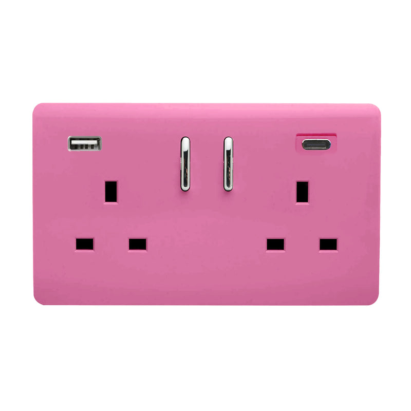 Trendi, Artistic Modern 2 Gang Switched Double Socket 13A With 1 x USB-A & 1 x USB-C 45W Socket Pink Finish, BRITISH MADE • ART-SKT213USB45WACPK