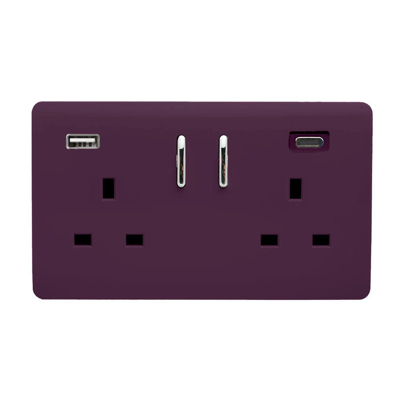 Trendi, Artistic Modern 2 Gang Switched Double Socket 13A With 1 x USB-A & 1 x USB-C 45W Plum Finish, BRITISH MADE • ART-SKT213USB45WACPL