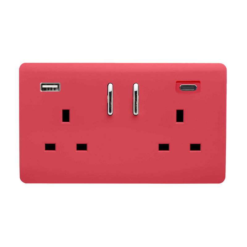 Trendi, Artistic Modern 2 Gang USB 1 x Type A & 1 x Type C 3.1mAh Plug Socket Strawberry Finish, BRITISH MADE • ART-SKT213USB31ACSB