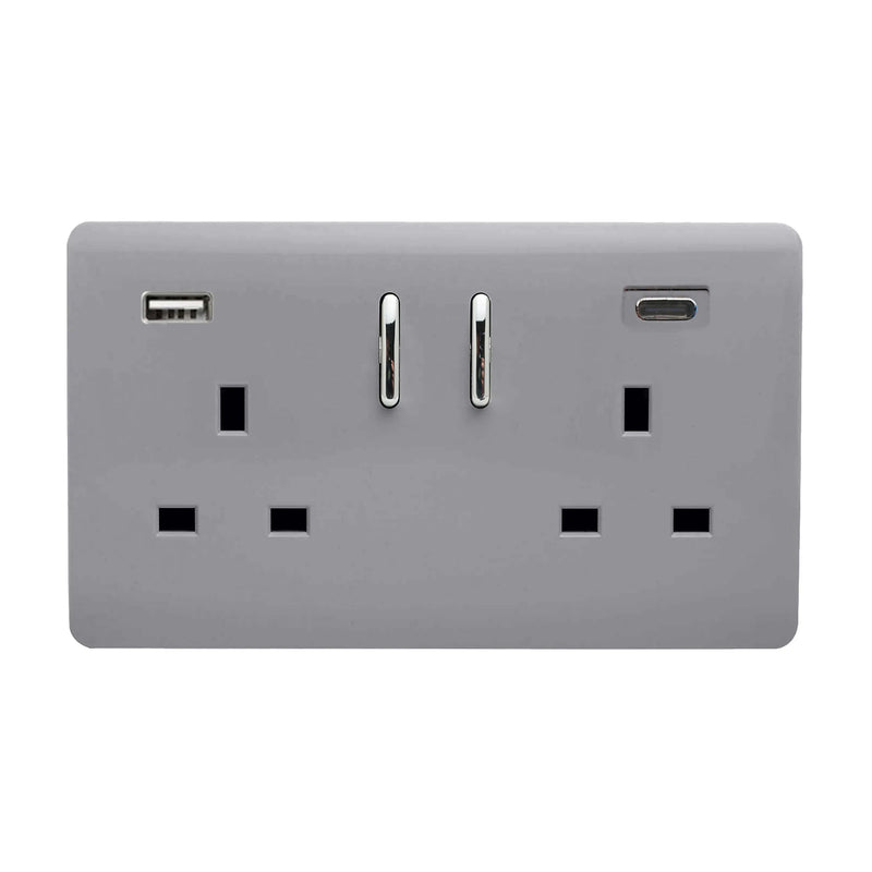 Trendi, Artistic Modern 2 Gang Switched Double Socket 13A With 1 x USB-A & 1 x USB-C 45W Platinium Silver Finish, BRITISH MADE • ART-SKT213USB45WACSI