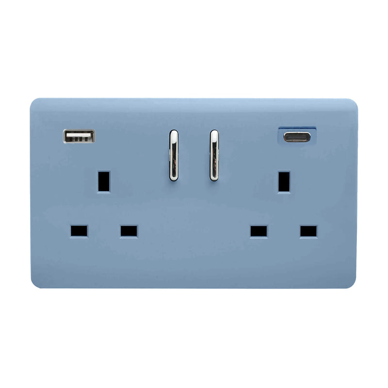 Trendi, Artistic Modern 2 Gang Switched Double Socket 13A With 1 x USB-A & 1 x USB-C 45W Sky Finish, BRITISH MADE • ART-SKT213USB45WACSK